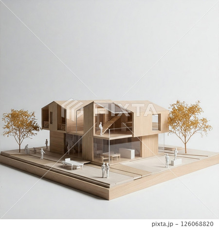 Modern Architectural Building  Model with Glass Features and Landscaping in Minimalist Design Setting 126068820