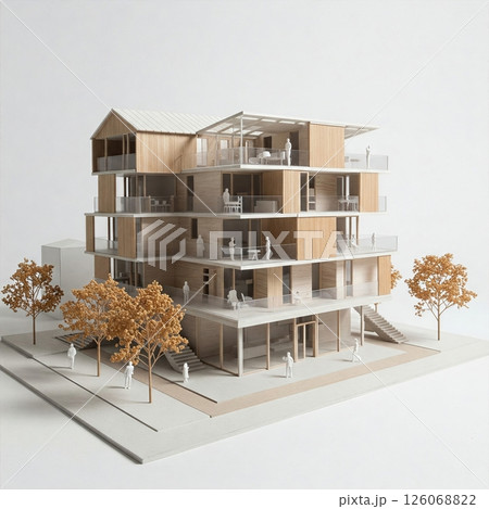 Modern Architectural Building  Model with Glass Features and Landscaping in Minimalist Design Setting Modern Architectural Building  Model with Glass Features and Landscaping in Minimalist Design Setting 126068822