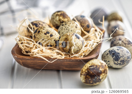 Spotted quail eggs on kitchen table. 126069565
