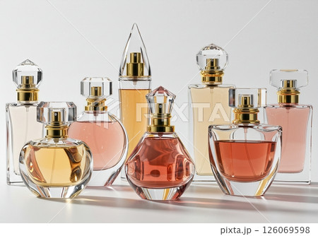Elegant Luxury Perfume Collection mockup with Crystal Caps and Gold Accents in Warm Pastel Tones on Minimalist Background 126069598