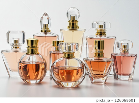 Elegant Luxury Perfume Collection mockup with Crystal Caps and Gold Accents in Warm Pastel Tones on Minimalist Background 126069601