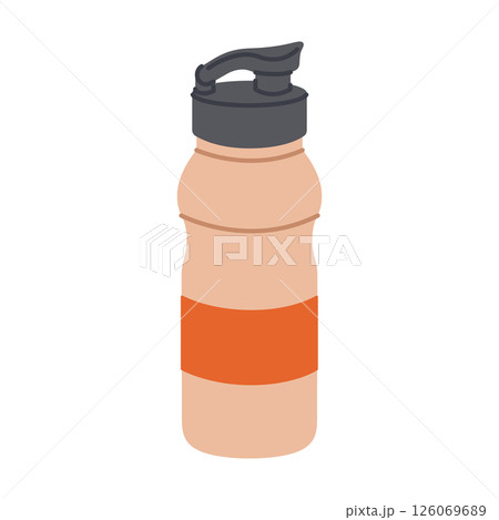 Beige reusable water bottle with cap. Sport, fitness, travel equipment. Plastic container for drink, liquid. Healthy lifestyle and hydration. Vector flat illustration isolated on white background Beige reusable water bottle with cap. Sport, fitness, travel equipment. Plastic container for drink, liquid. Healthy lifestyle and hydration. Vector flat illustration isolated on white background 126069689