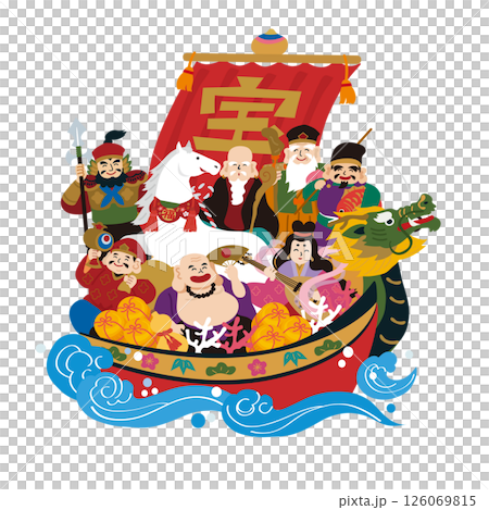 新年賀卡材料2026年馬年寶船插圖 126069815