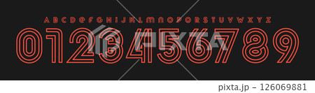 Modern striped typography, neon monoline font, retro deco alphabet, luxury outline typeface, elegant logo numbers, tech-inspired fashion letters, stylish editorial design. Vector typeset Modern striped typography, neon monoline font, retro deco alphabet, luxury outline typeface, elegant logo numbers, tech-inspired fashion letters, stylish editorial design. Vector typeset 126069881