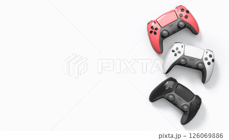 Realistic colorful video game joysticks or gamepads with color buttons on white background. 3D rendering of streaming gear for cloud gaming and gamer workspace concept 126069886