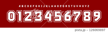 Sport College Number Font, Bold Athletic Alphabet for varsity apparel, team jerseys, scoreboards, university posters, and championship designs. Perfect for American sports themes. Vector Illustration. Sport College Number Font, Bold Athletic Alphabet for varsity apparel, team jerseys, scoreboards, university posters, and championship designs. Perfect for American sports themes. Vector Illustration. 126069897
