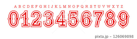 Western Vintage Number Font, Bold Decorative Alphabet for retro posters, varsity sports hoodie and jersey branding for youthful teams, classic signage, and old-school graphics. Vector Illustration. Western Vintage Number Font, Bold Decorative Alphabet for retro posters, varsity sports hoodie and jersey branding for youthful teams, classic signage, and old-school graphics. Vector Illustration. 126069898