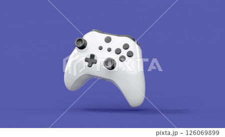 Realistic white video game joystick or gamepad on violet background. 3D rendering of streaming gear for cloud gaming and gamer workspace concept 126069899