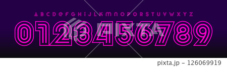 Neon retro alphabet, bold outline layered numbers and letters, striped club alphabet, synthwave logo font, nightlife headline, glowing music event typography, linear electric type. Vector typeset. Neon retro alphabet, bold outline layered numbers and letters, striped club alphabet, synthwave logo font, nightlife headline, glowing music event typography, linear electric type. Vector typeset. 126069919