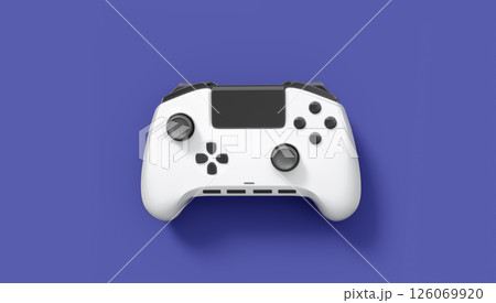 Realistic white video game joystick or gamepad on violet background. 3D rendering of streaming gear for cloud gaming and gamer workspace concept Realistic white video game joystick or gamepad on violet background. 3D rendering of streaming gear for cloud gaming and gamer workspace concept 126069920