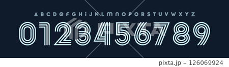 Outline deco typography, striped monoline font, modern linear alphabet, retro logo typeface, geometric artstyle numbers, boutique fashion branding, editorial headline letters. Vector typeset. 126069924