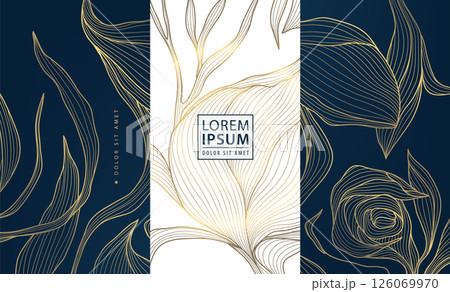 Vector set of gold on dark line luxury labels, leaf elegant package. Wine box design, jewelry nature background, posters, wallpaper, cards, wedding invitations. 126069970