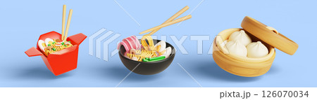 Chinese food set - wok noodles with chopsticks in red paper takeaway box, ramen soup with egg in restaurant bowl or plate, baozi in bamboo steamer. Cooked tradition asian street snack. 3D illustration Chinese food set - wok noodles with chopsticks in red paper takeaway box, ramen soup with egg in restaurant bowl or plate, baozi in bamboo steamer. Cooked tradition asian street snack. 3D illustration 126070034