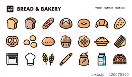 パンとベーカリーのアイコンイラストセット　ベーカリー素材、パン、焼き菓子のベクター素材 126070166