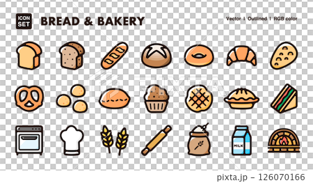 パンとベーカリーのアイコンイラストセット　ベーカリー素材、パン、焼き菓子のベクター素材 126070166