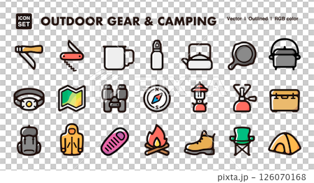 Camping equipment and outdoor gear icon illustration set. Vector material for mountain climbing and outdoor activity goods Camping equipment and outdoor gear icon illustration set. Vector material for mountain climbing and outdoor activity goods 126070168