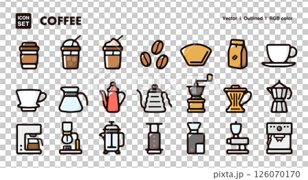 コーヒーアイコンイラストセット　カフェメニュー、コーヒー器具のベクター素材 126070170