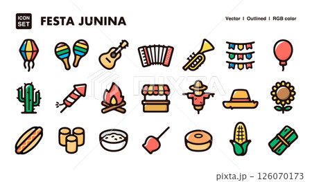 フェスタジュニーナアイコンイラストセット　ブラジルの伝統祭、食べ物、イベントのベクター素材 126070173