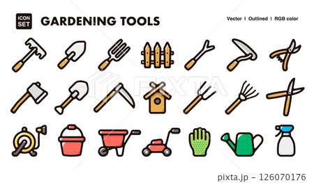 ガーデニング道具のアイコンイラストセット　庭仕事、畑、手入れ用具のベクター素材 126070176