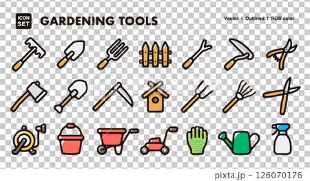 ガーデニング道具のアイコンイラストセット　庭仕事、畑、手入れ用具のベクター素材 126070176