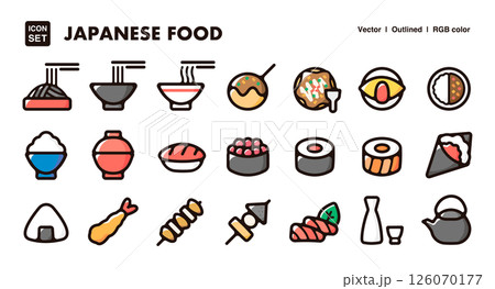 日本の食べ物アイコンイラストセット 寿司、ラーメン、たこ焼き、おにぎりなどのベクター素材 日本の食べ物アイコンイラストセット 寿司、ラーメン、たこ焼き、おにぎりなどのベクター素材 126070177