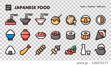 日本食物圖示插圖集壽司、拉麵、章魚燒和飯糰等向量材料 126070177