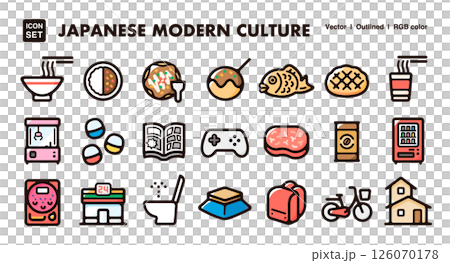 日本現代文化圖標插畫集-美食、娛樂、生活風格向量素材 126070178