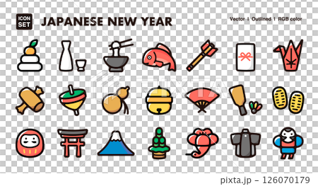 日本新年，新年圖示插圖集。新年，新年裝飾，幸運符，傳統日本圖案的向量素材 126070179