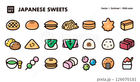 和菓子のアイコンイラストセット　抹茶、団子、甘味処、和風デザートのベクター素材 126070181
