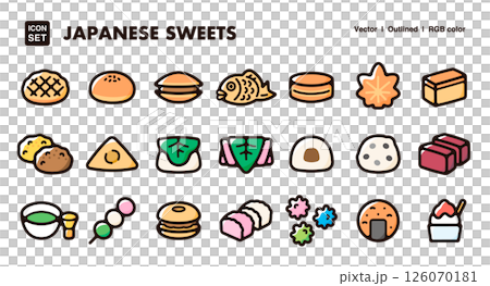 和菓子のアイコンイラストセット　抹茶、団子、甘味処、和風デザートのベクター素材 126070181