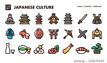 日本の伝統文化アイコンイラストセット 風習、歴史、食、建築、行事のベクター素材 日本の伝統文化アイコンイラストセット 風習、歴史、食、建築、行事のベクター素材 126070183