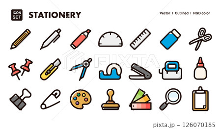 文房具アイコンイラストセット 学校、オフィスで使えるステーショナリーベクター素材 文房具アイコンイラストセット 学校、オフィスで使えるステーショナリーベクター素材 126070185