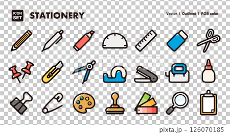 文房具アイコンイラストセット 学校、オフィスで使えるステーショナリーベクター素材 文房具アイコンイラストセット 学校、オフィスで使えるステーショナリーベクター素材 126070185