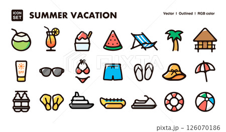夏のバケーション、ビーチリゾートのアイコンイラストセット 旅行、レジャー、夏休み、バカンスのベクター 夏のバケーション、ビーチリゾートのアイコンイラストセット 旅行、レジャー、夏休み、バカンスのベクター 126070186