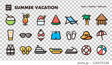 夏のバケーション、ビーチリゾートのアイコンイラストセット 旅行、レジャー、夏休み、バカンスのベクター 夏のバケーション、ビーチリゾートのアイコンイラストセット 旅行、レジャー、夏休み、バカンスのベクター 126070186