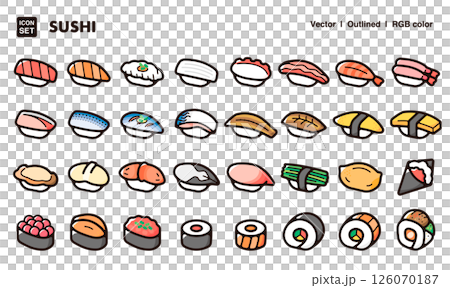 寿司のアイコンイラストセット　寿司ネタ、和食メニューのベクター素材 126070187