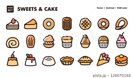 スイーツとケーキのアイコンイラストセット　洋菓子、デザート、焼き菓子のベクター素材 126070188