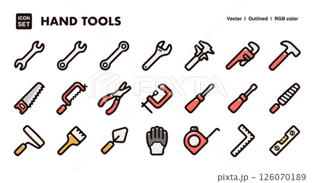 工具、作業道具のアイコンイラストセット 整備、修理、日曜大工ツールのベクター素材 工具、作業道具のアイコンイラストセット 整備、修理、日曜大工ツールのベクター素材 126070189