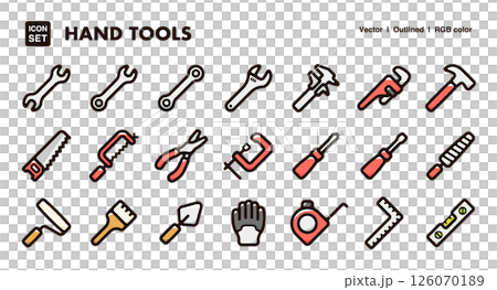 工具、作業道具のアイコンイラストセット 整備、修理、日曜大工ツールのベクター素材 工具、作業道具のアイコンイラストセット 整備、修理、日曜大工ツールのベクター素材 126070189
