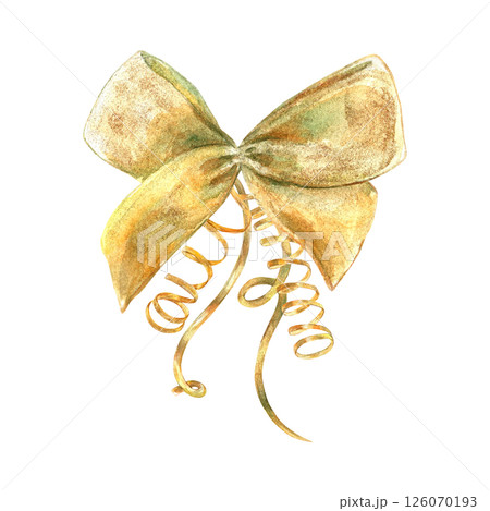 Gold vibrant collection of curls, bow, ribbons, hand-painted in watercolor with gold paint accents. Isolate elements are presented for decorating and designing textiles, interior, wallpaper, prints 126070193