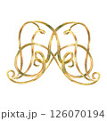Gold ribbons ornament of vibrant collection. Curls, ribbons elements hand-painted in watercolor with gold paint accents. Isolate is presented for textiles, wallpaper, prints, packaging 126070194