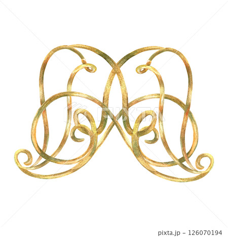 Gold ribbons ornament of vibrant collection. Curls, ribbons elements hand-painted in watercolor with gold paint accents. Isolate is presented for textiles, wallpaper, prints, packaging Gold ribbons ornament of vibrant collection. Curls, ribbons elements hand-painted in watercolor with gold paint accents. Isolate is presented for textiles, wallpaper, prints, packaging 126070194