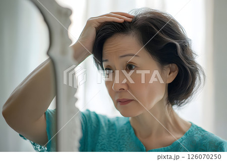 鏡の前で白髪を気にする中年アジア人女性のリアルな表情のクローズアップ 126070250