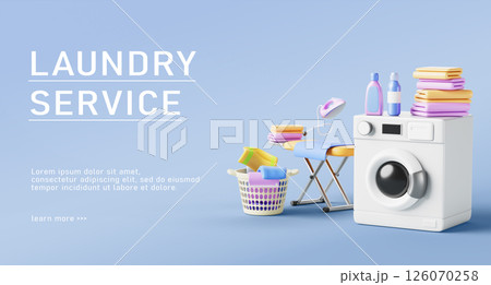 Laundry service advertising banner with laundromat washing machine, detergent bottles, dirty clothes in basket, iron board and clean towel stack. Public launderette room, dry cleaning. 3D illustration Laundry service advertising banner with laundromat washing machine, detergent bottles, dirty clothes in basket, iron board and clean towel stack. Public launderette room, dry cleaning. 3D illustration 126070258