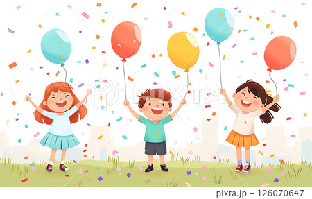 cute kids celebrating outdoors with balloons and confetti, cheerful poster background with copy space, pastel cartoon style 126070647
