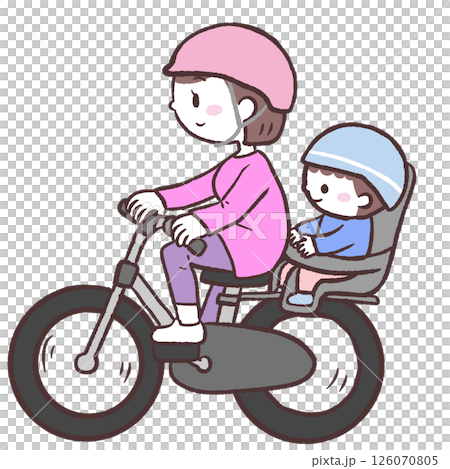 一位戴著頭盔的母親騎著腳踏車，背上坐著她的孩子 126070805