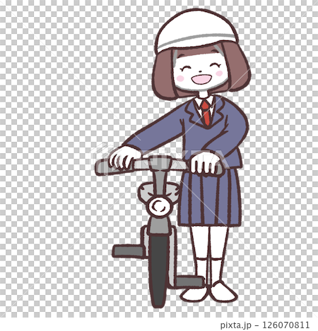 ニッコリ自転車に並ぶ女子学生イラスト 126070811