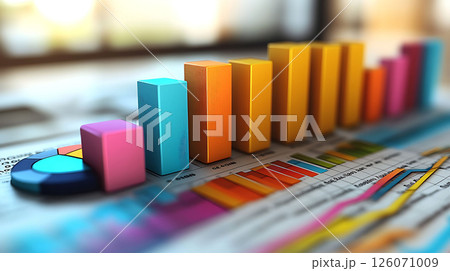 3D bar charts and pie graphs with colorful data visualization on white background, financial growth concept, business report layout 126071009