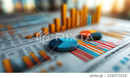 3D bar charts and pie graphs with colorful data visualization on white background, financial growth concept, business report layout 126071010