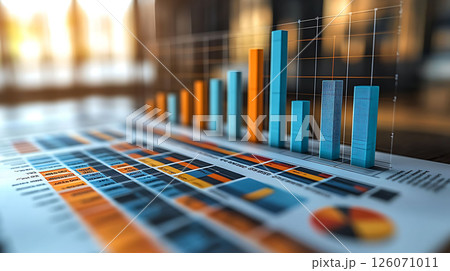 3D bar charts and pie graphs with colorful data visualization on white background, financial growth concept, business report layout 126071011